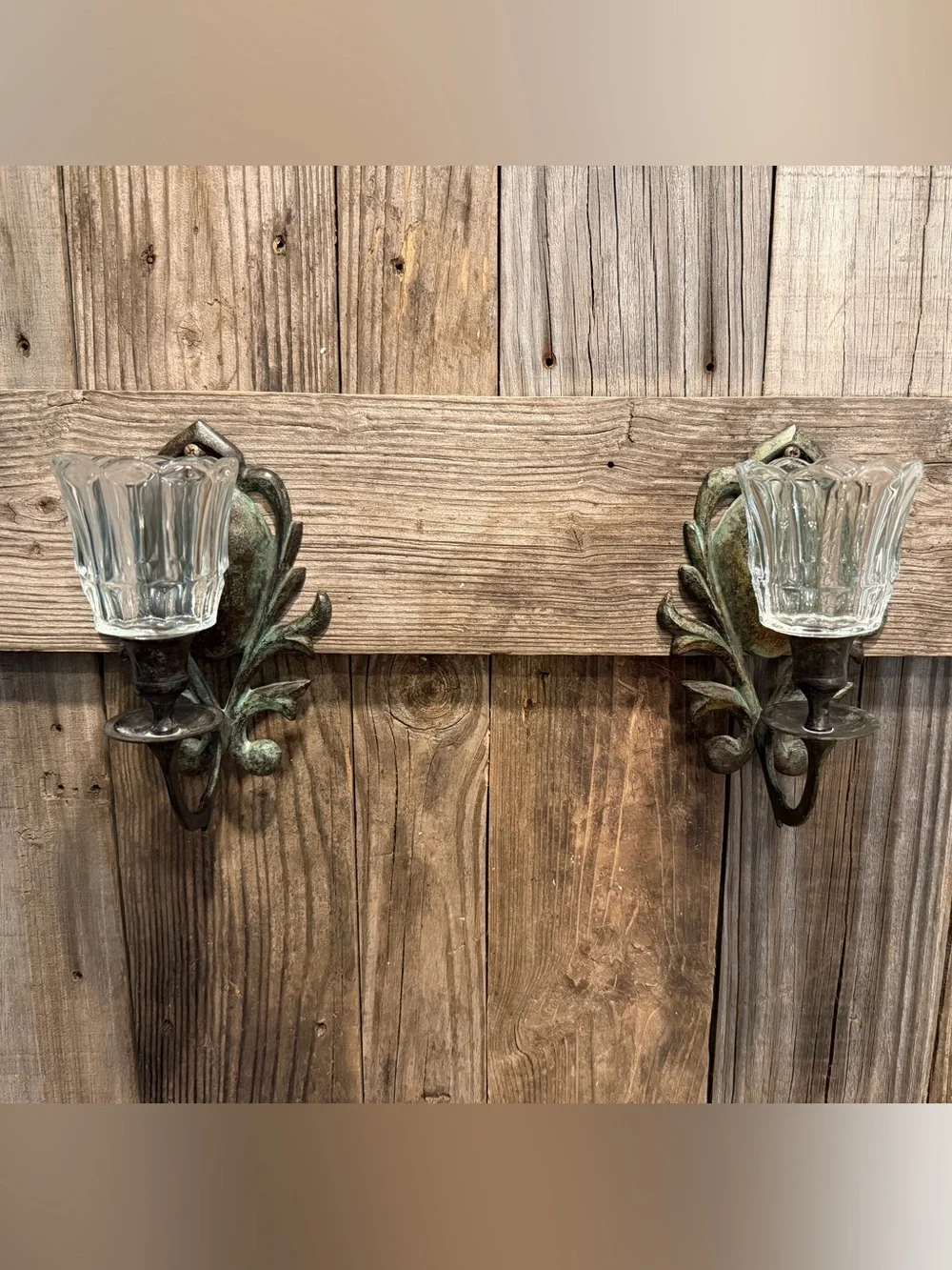 Vintage Farmhouse Green Patina Candle Wall Sconce Pair with Clear Glass Shades